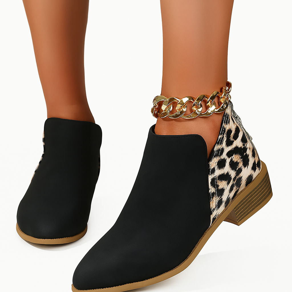 Women’s Ankle Boots with Block Heel and Elastic Side Panel – Patterned Detail