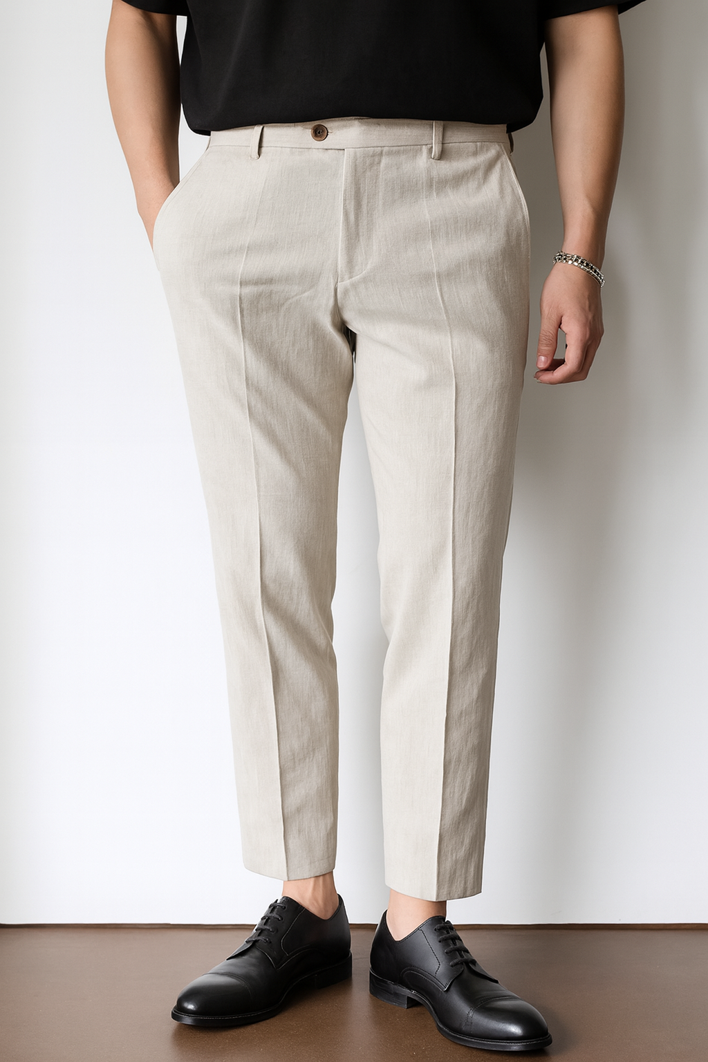 Men’s Linen-Cotton Blend Trousers – Cropped Fit