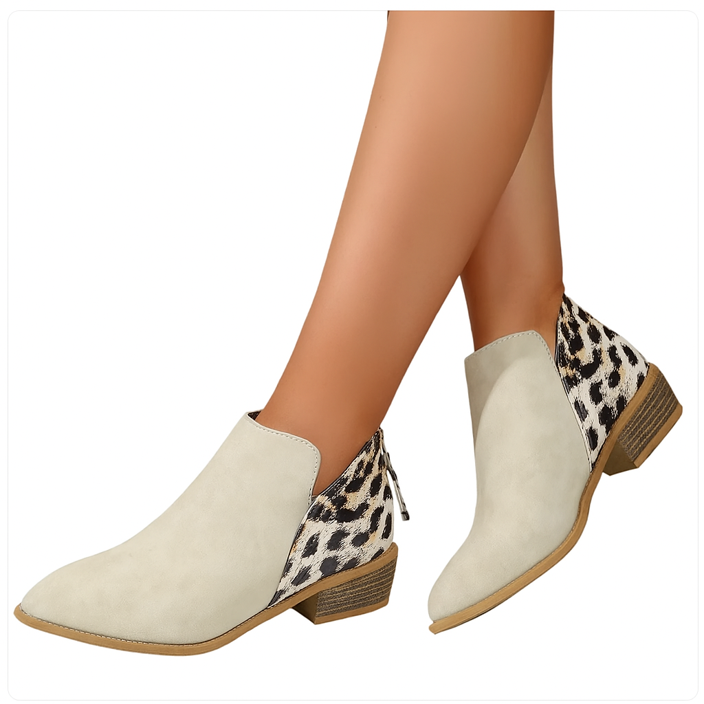 Women’s Ankle Boots with Block Heel and Elastic Side Panel – Patterned Detail