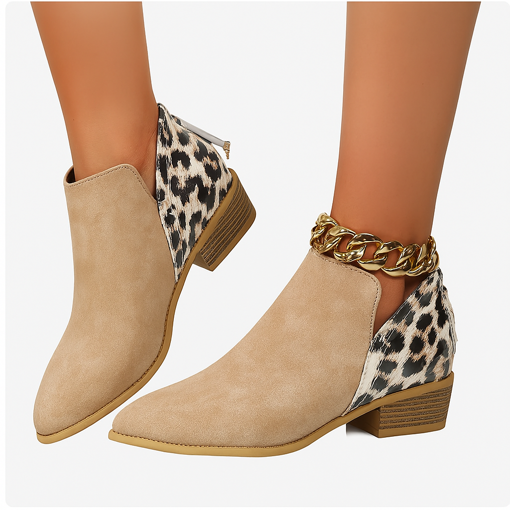 Women’s Ankle Boots with Block Heel and Elastic Side Panel – Patterned Detail