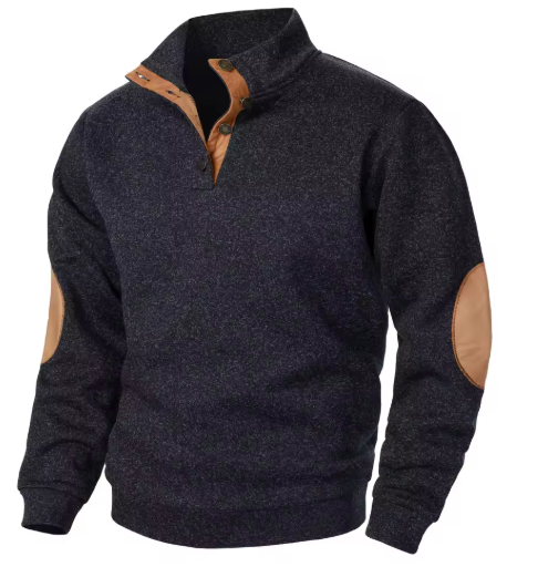 Men’s Jacquard Knit Sweater with Stand Collar and Elbow Patches