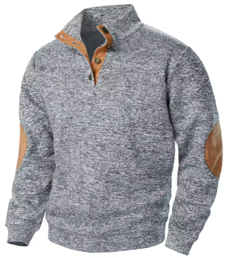 Men’s Jacquard Knit Sweater with Stand Collar and Elbow Patches