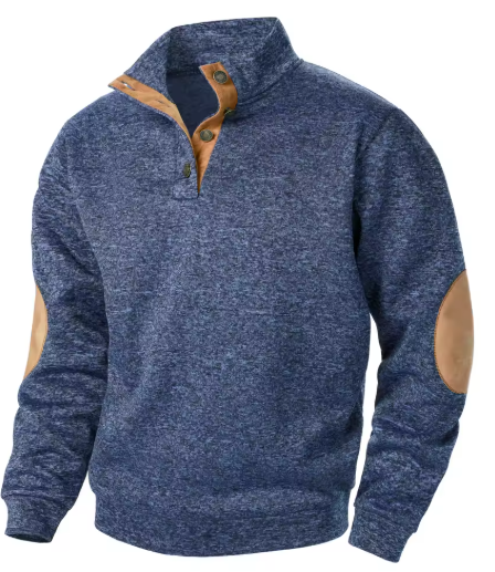 Men’s Jacquard Knit Sweater with Stand Collar and Elbow Patches