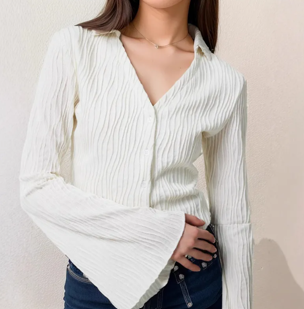 Women’s Blouse with Wrap Effect and Flared Sleeves – Lightweight Knit Blend