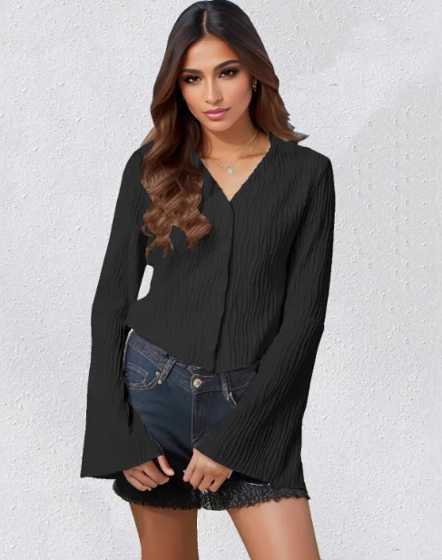 Women’s Blouse with Wrap Effect and Flared Sleeves – Lightweight Knit Blend