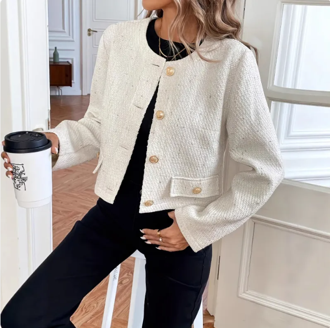 Women’s Wool Blend Jacket – Short Fit with Gold Button Details