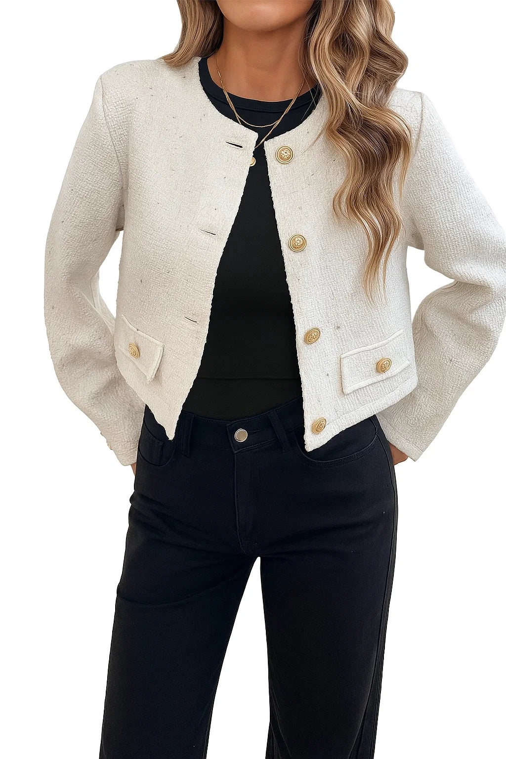 Women’s Wool Blend Jacket – Short Fit with Gold Button Details