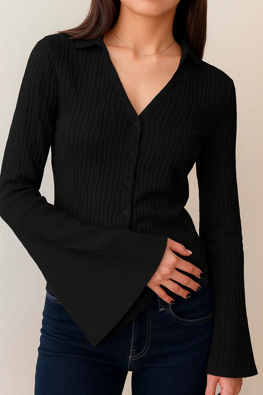 Women’s Blouse with Wrap Effect and Flared Sleeves – Lightweight Knit Blend