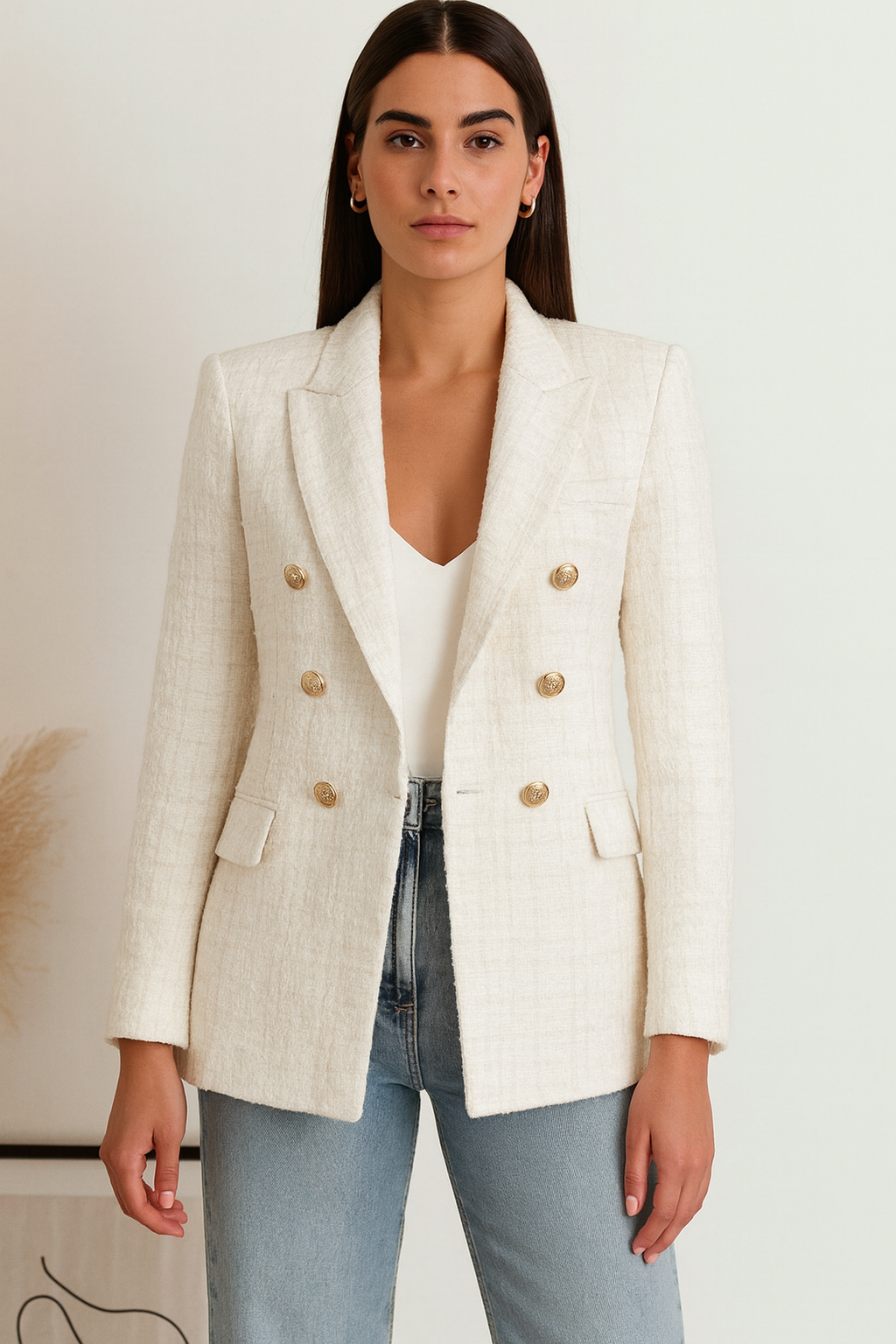 Women’s Double-Breasted Blazer in Textured Fabric – Mid-Length